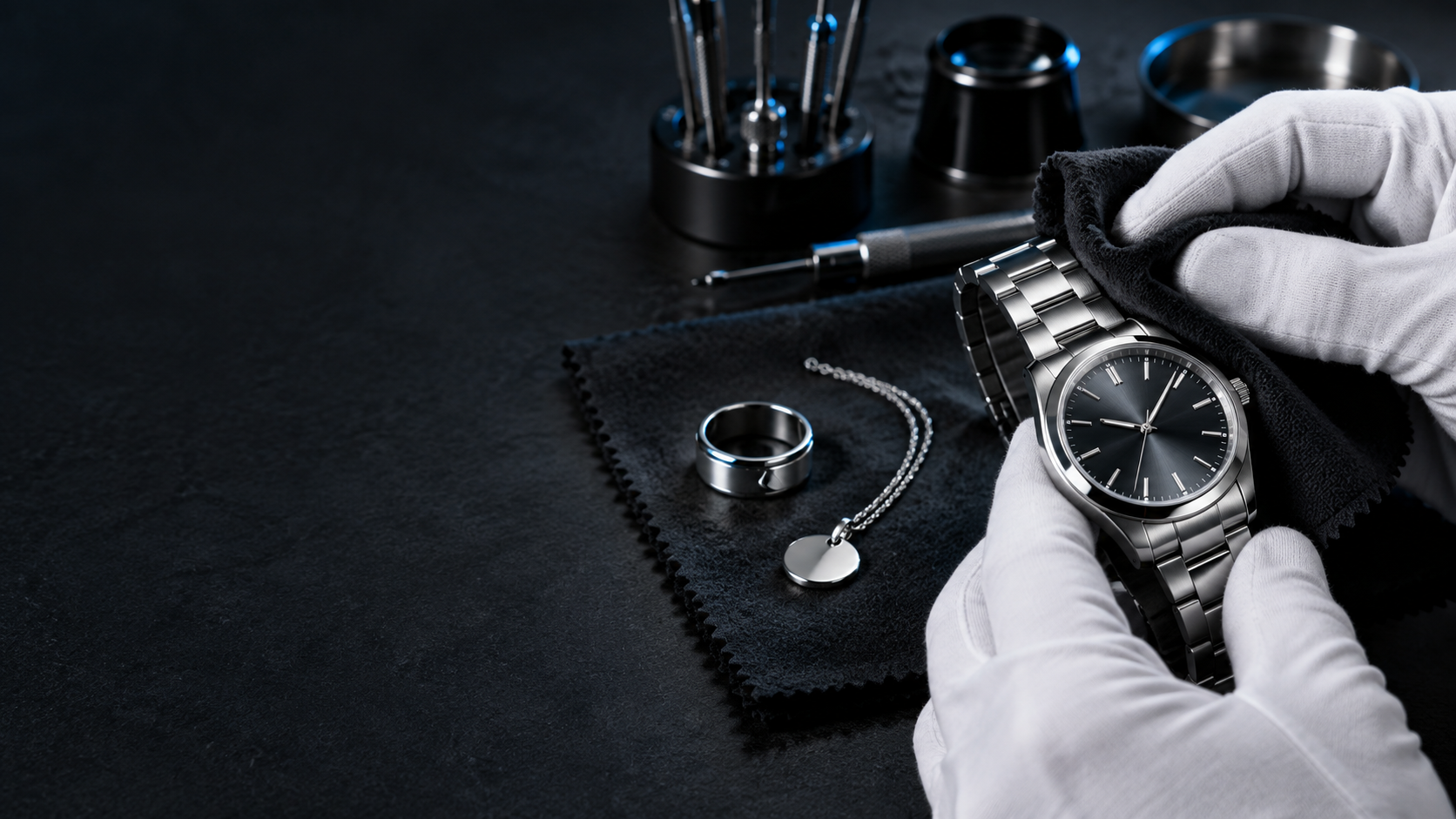 A professional polishing a stainless steel watch beside a ring and pendant